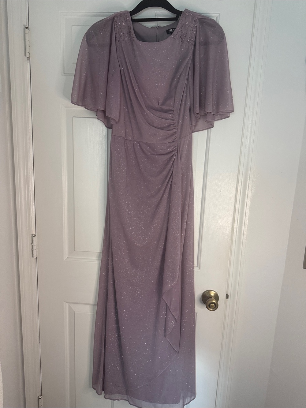 SLNY Mauve Silver Sparkle Maxi Dress,Flutter Sleeves, Ruched Waist